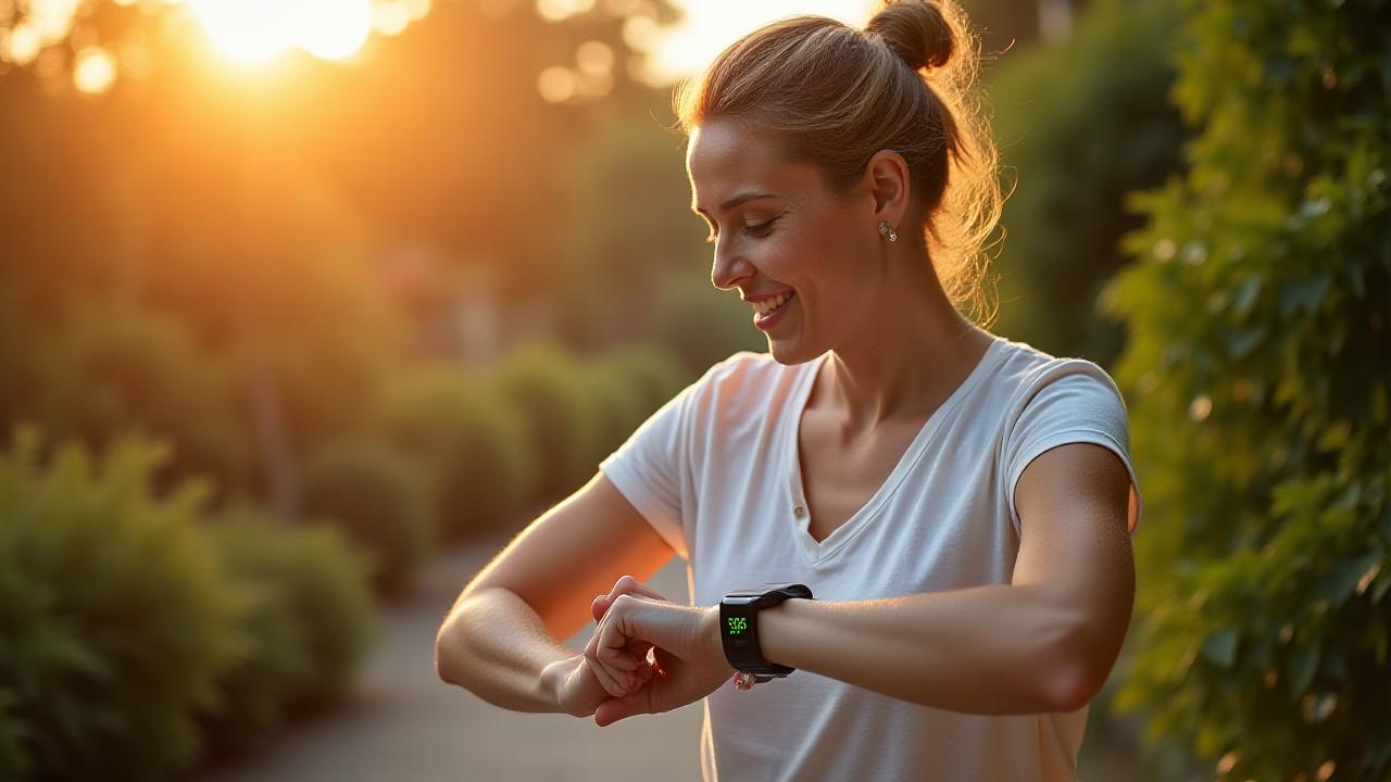 Donna sorridente che guarda il suo smartwatch mentre fa yoga all'aperto, simbolo di benessere tecnologico.
