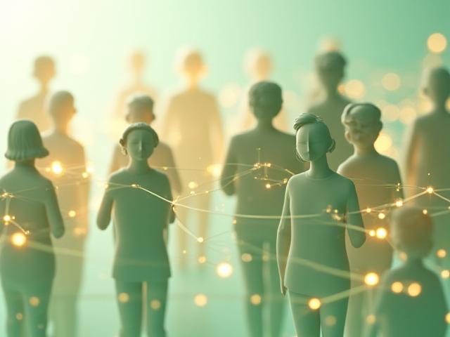 Collage di avatar stilizzati connessi per la community wellness di Adeia Vita